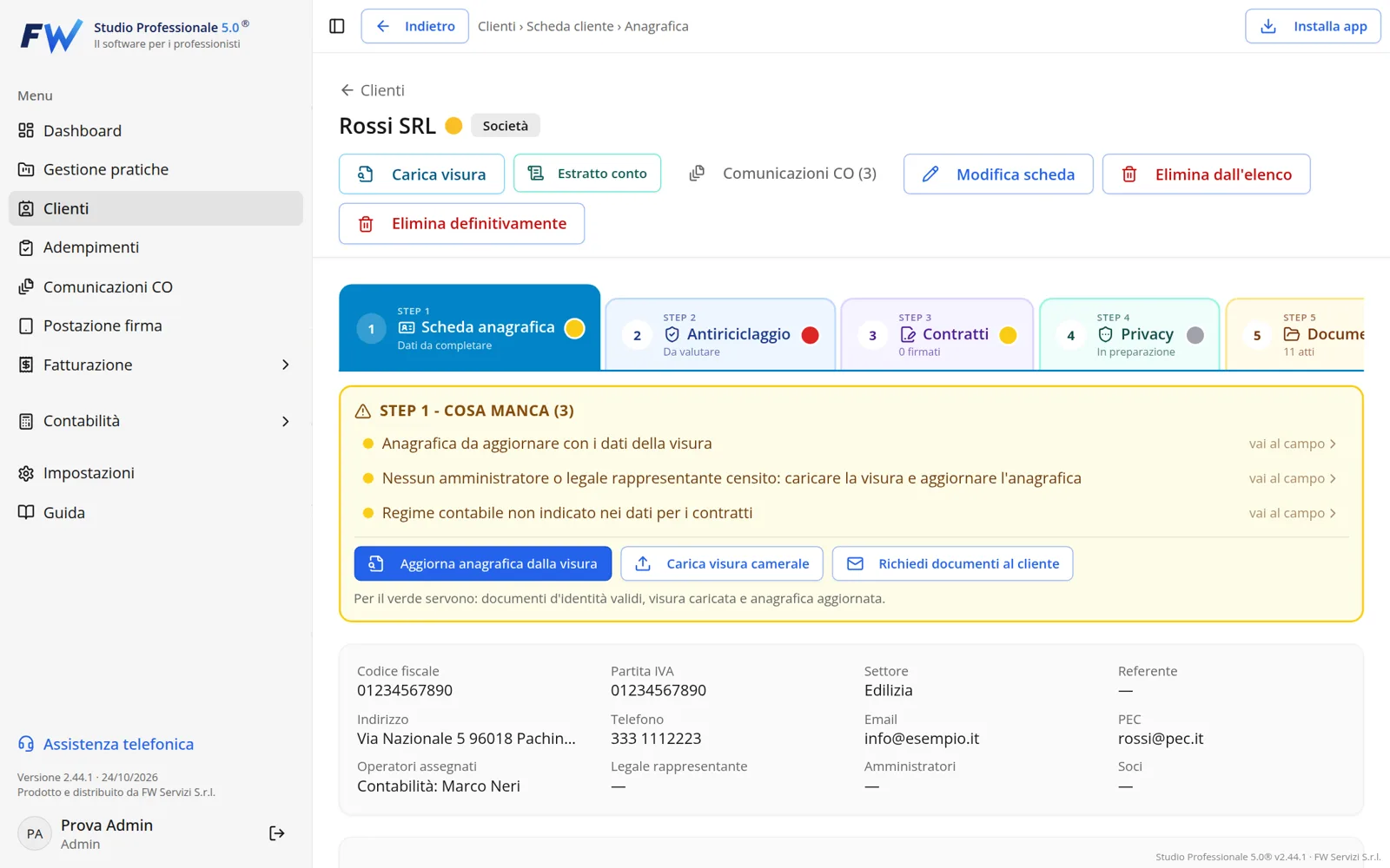Scheda cliente a step con il riquadro cosa manca
